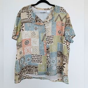 Alfred Dunner Colorful Gauzy Lined Flowy Patterned Button Up Blouse Artsy Sz 20